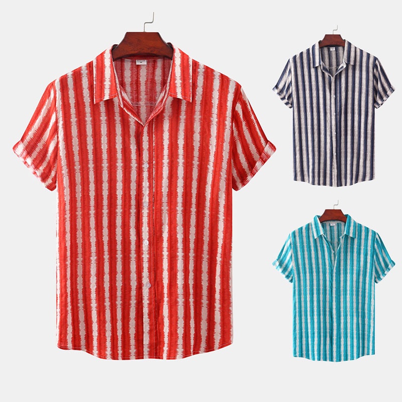 Áo Sơ Mi Cotton Tay Ngắn Dáng Rộng Họa Tiết Kẻ Sọc Nhiều Màu Có Nút Gài Thời Trang Cho Nam