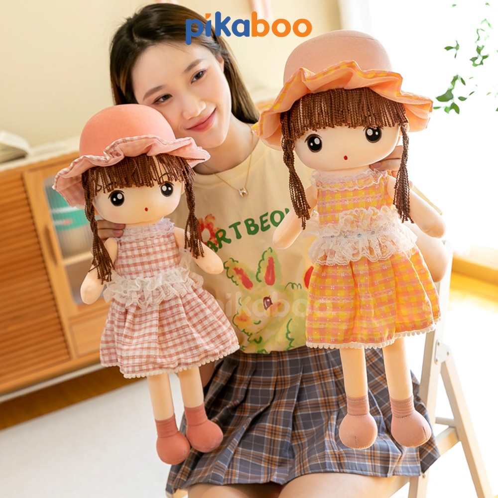 Gấu bông búp bê cao cấp Pikaboo váy kẻ thanh lịch, nhồi bông 3D tinh khiết, vải cotton mềm mịn co dãn