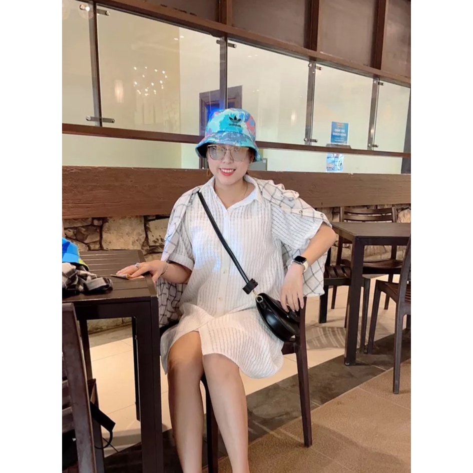 Váy sơ mi dáng dài tay ngắn cổ đức kèm áo lót 2 dây Đầm sơmi suông chất liệu xốp kẻ ô 3 màu Trắng Hồng Xanh