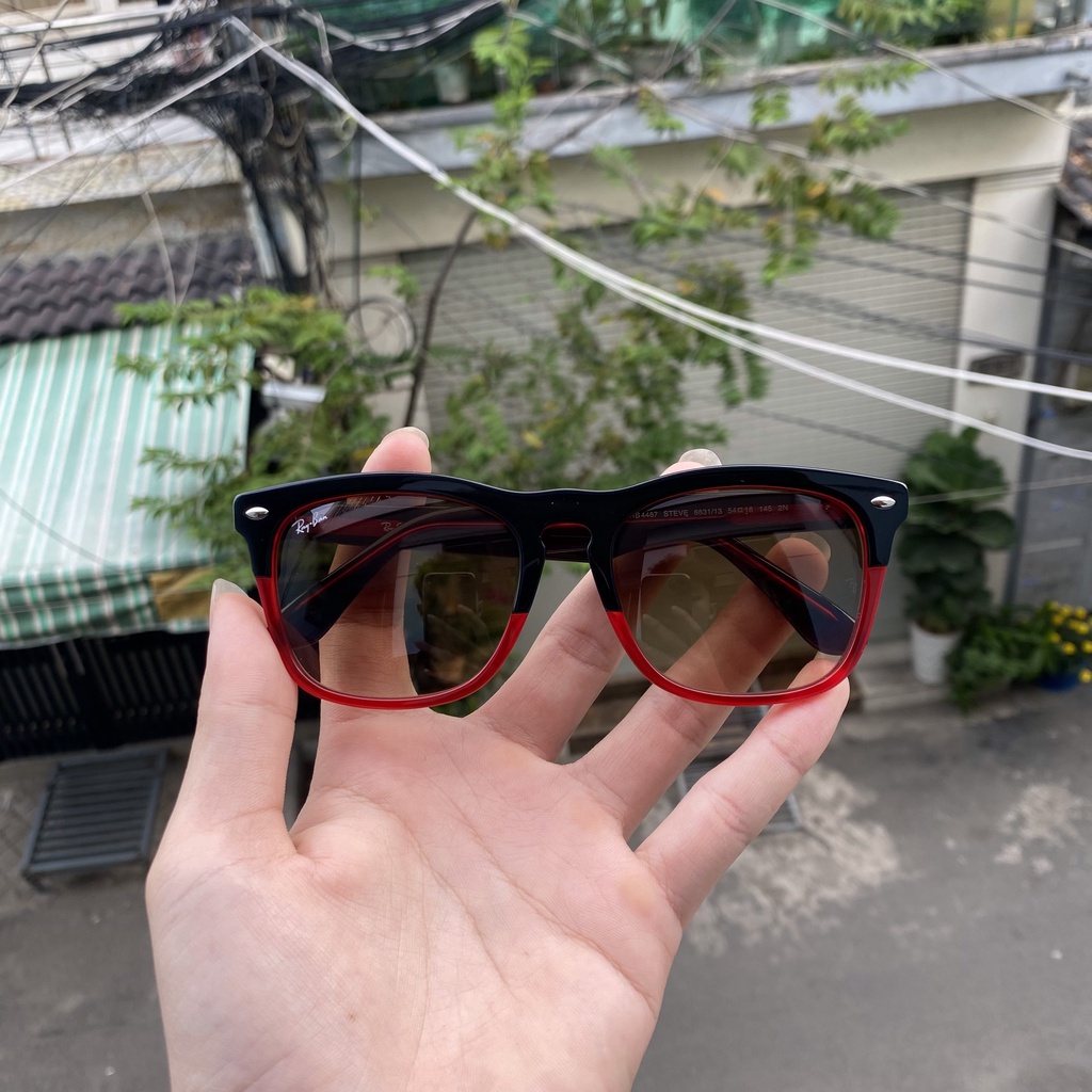 Kính Rayban Wayfarer của Ý, 2nd, tròng thủy tinh, viền đỏ, đi được cả ngày và đêm. Ảnh thật