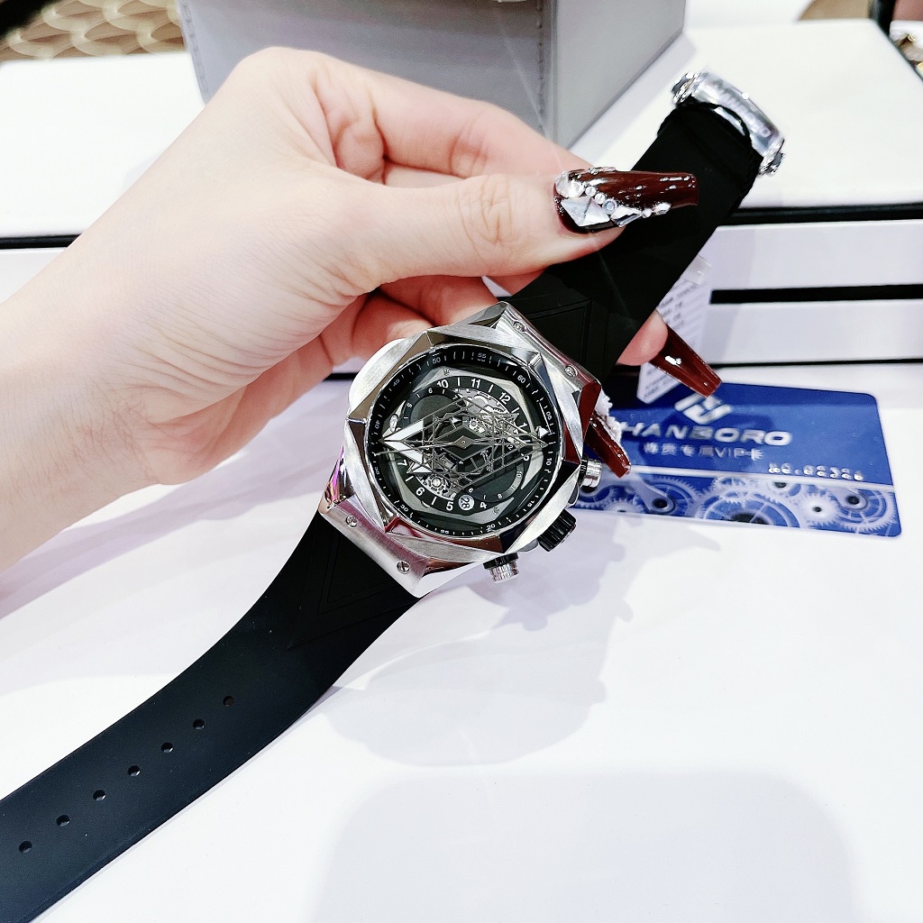 Đồng Hồ Nam Hanboro 998 Tự Động Dây Cao Su Silver 42mm