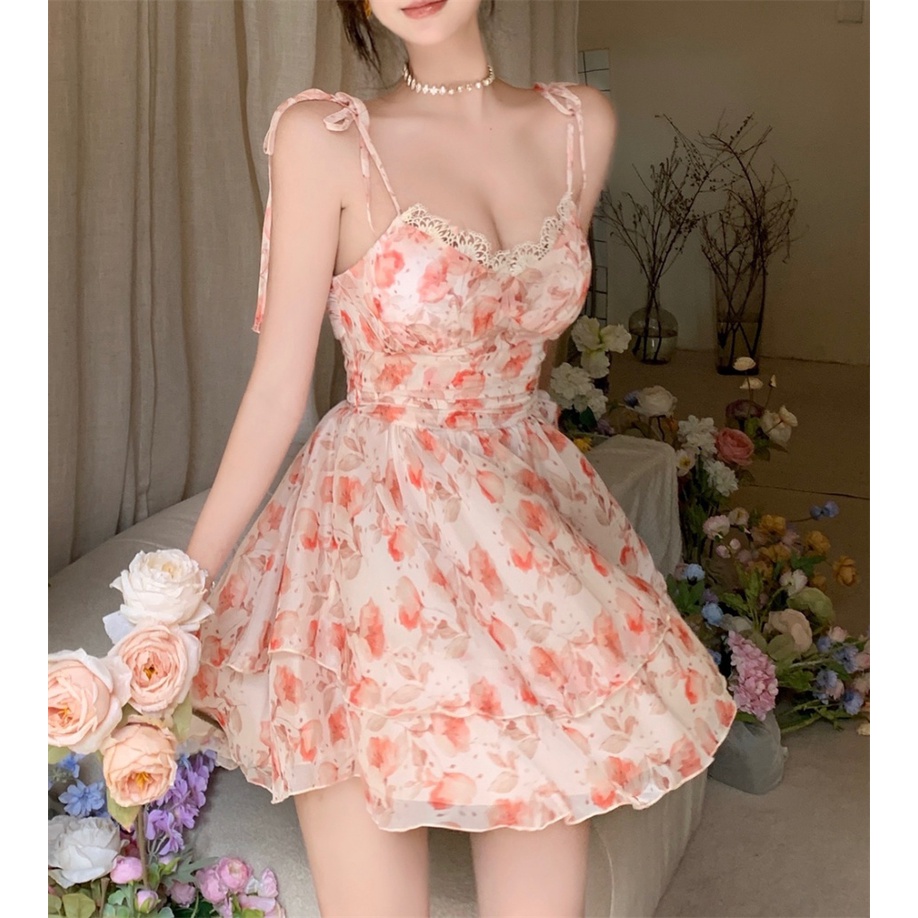 Đầm Hai Dây Cổ Chữ v Eo Cao Phối Ren Thời Trang