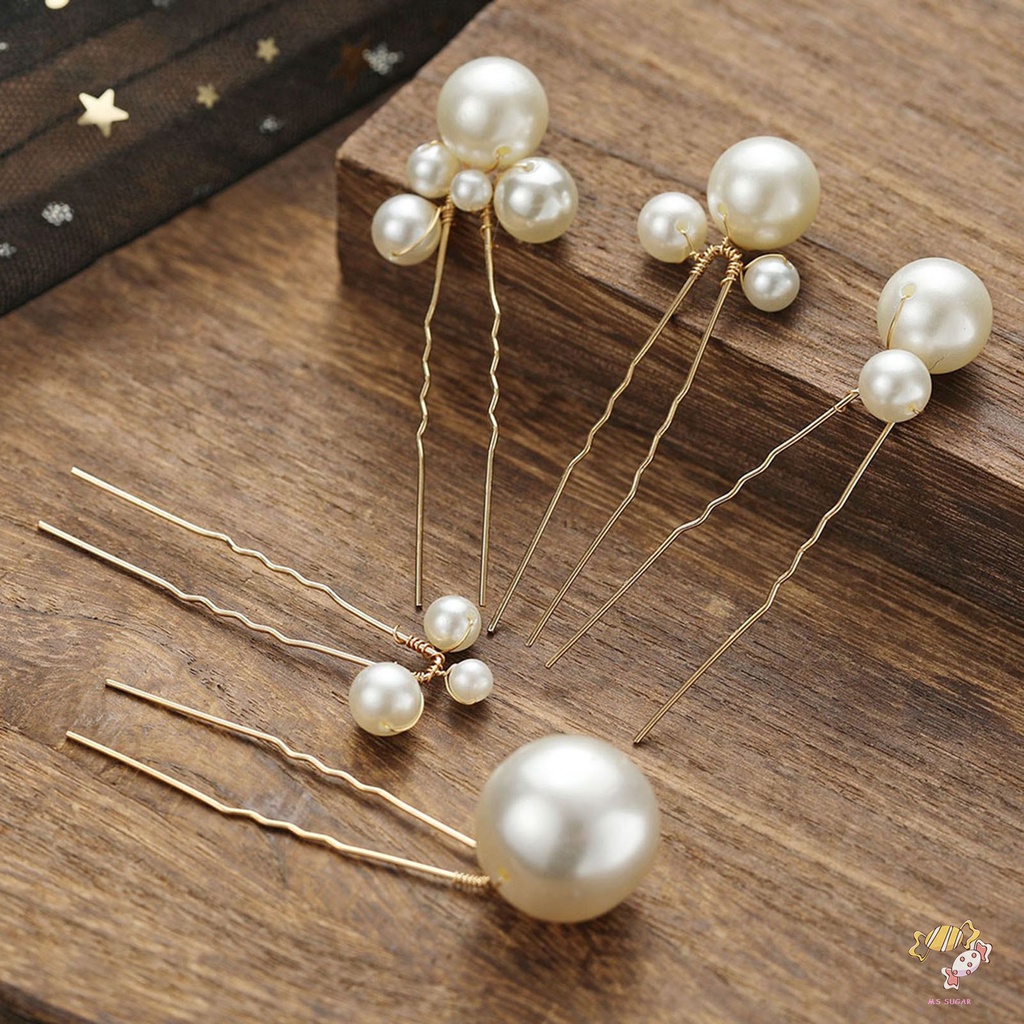 YADORNOS 5pcs/set Trâm Cài Tóc Chữ U Đính Ngọc Trai Giả Bằng Kim Loại Màu Bạc Cho Cô Dâu