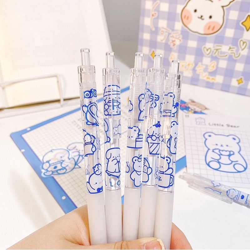 Set 6 Bút Mực Gel Ngòi 0.5mm Trong Suốt In Hình Gấu Dễ Thương
