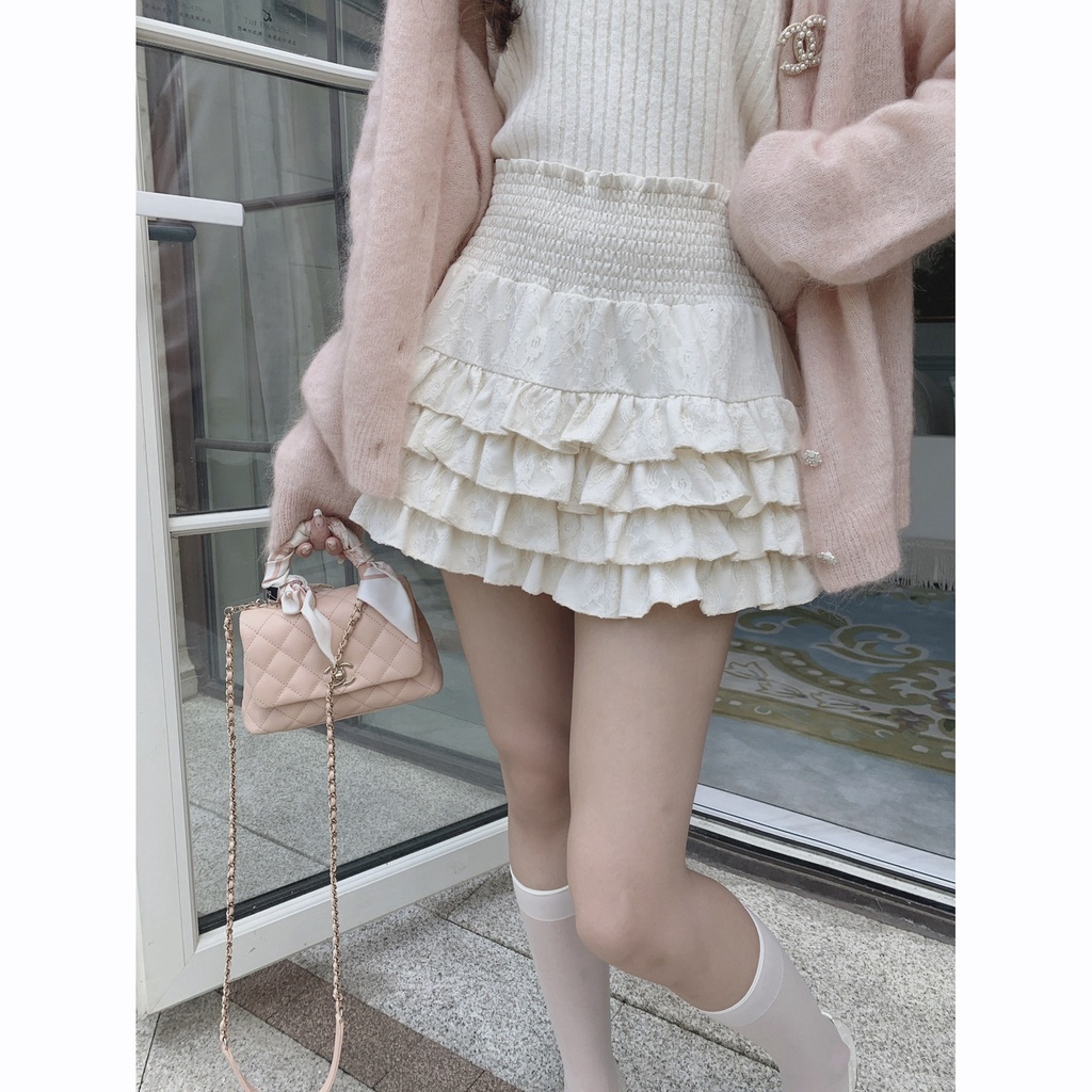 CreamySweet. Cô gái dễ thương. Bánh ren đen trắng mỏng. Váy nửa người, váy ngắn eo cao. Sexy nóng bỏng