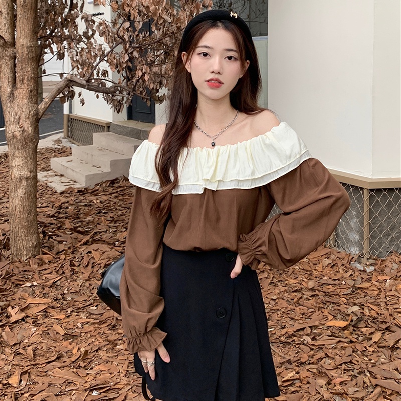 IELGY Áo Kiểu Trễ Vai Phối Bèo Phong Cách Pháp Thời Trang Cho Nữ