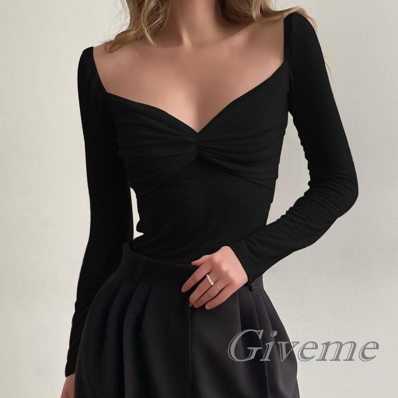 Áo Thun Nữ Dài Tay Cổ Chữ V Xếp Ly Thời Trang