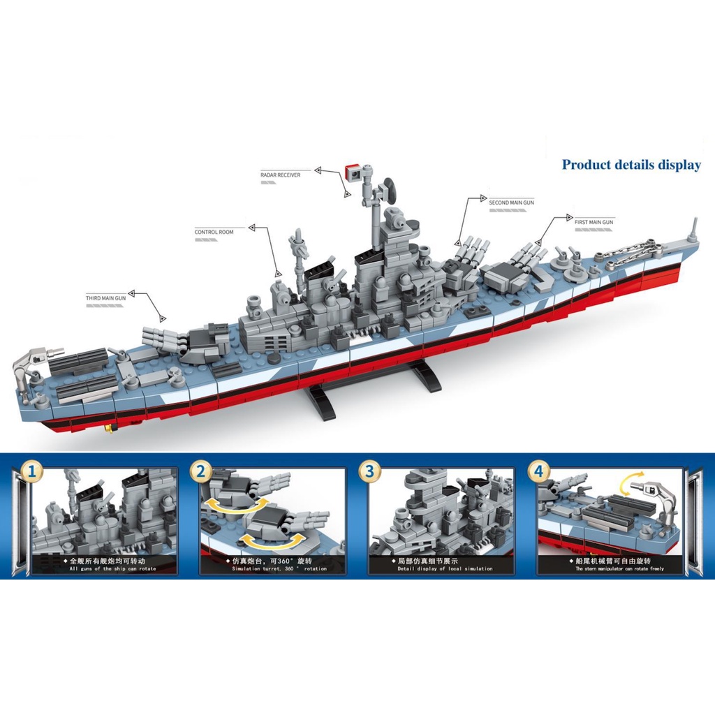 Bộ 823 Mô Hình Tàu Chiến MOC WW2 Iowa Class Battleship Đồ Chơi Giáo Dục Cho Bé DIY Mới