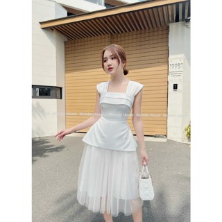 Sét váy dự tiệc sang chảnh màu trắng áo cổ vuông phối chân váy lưới, đầm cô dâu đi bàn, đầm chụp kỉ yếu