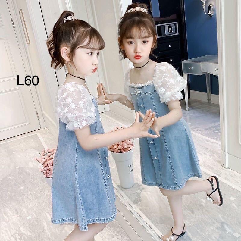 Đầm Jean phối Ren Dáng Rộng Phong Cách Hàn Quốc Cho Bé Gái 2-6 - 8-10 - 14 Tuổi
