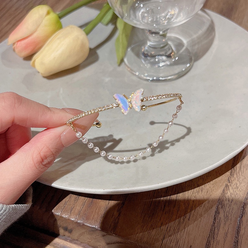 Vòng đeo tay AY hai lớp mặt bươm bướm đính ngọc trai pha lê nhân tạo thời trang thanh lịch đơn giản cho nữ