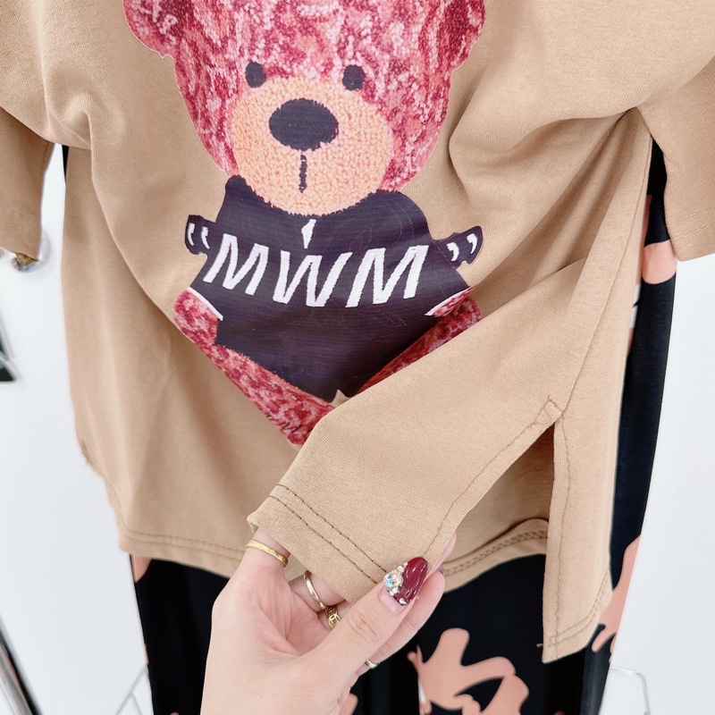 Set áo phông nâu mix quần suông gấu nâu siêu xinh Áo cotton khô QC l1 dày đẹp, hình ép 5D nét căng, xẻ gấu chuẩn mẫu