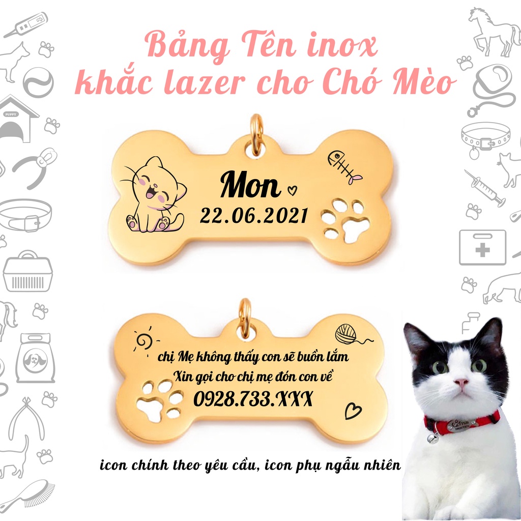 Thẻ tên cho Chó Mèo theo yêu cầu - Bảng tên cho thú cưng inox