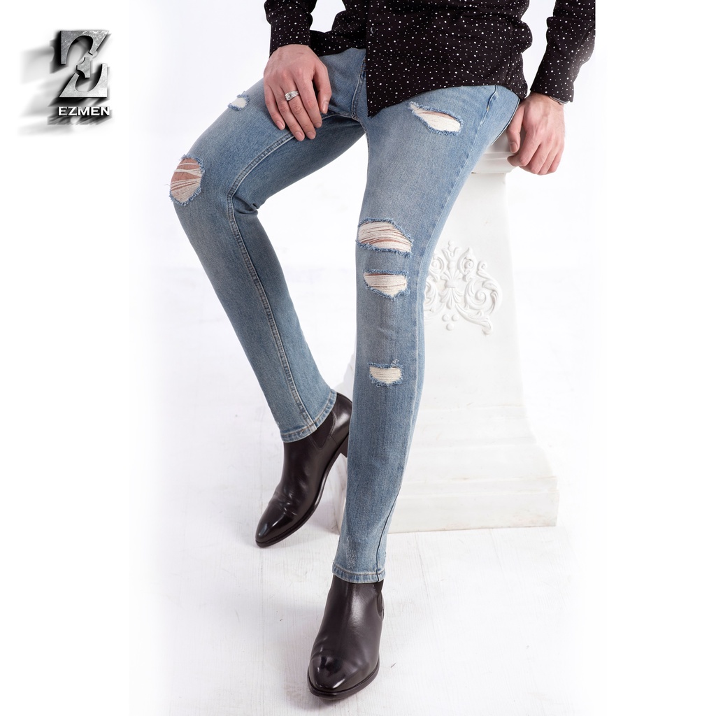 Quần jean EZMEN skinny Xanh rách cao cấp.Co giản thoải mái.Skinny ripped jeans in blue.JX04