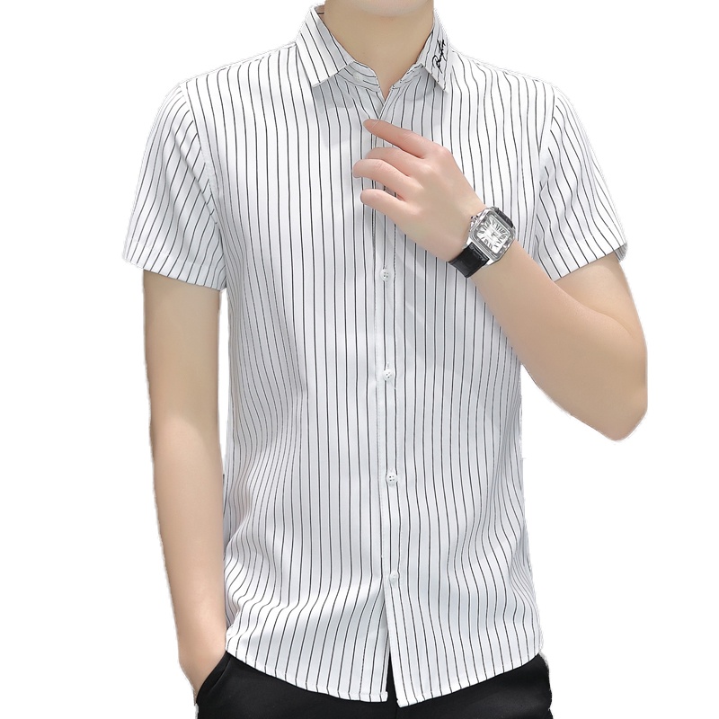 Áo Sơ Mi Nam Ngắn Tay Cài Nút Họa Tiết Sọc Trắng / Đen / Xám