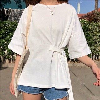 (Order) Áo phông xẻ tà phối dây cài cúc lệch 1 bên cá tính phá cách