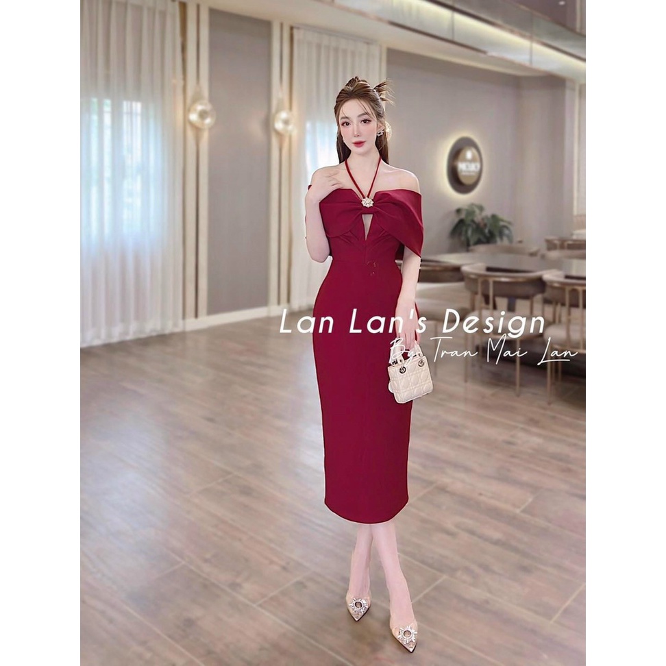 [3.3 Sales Freeship] Đầm nữ đi tiệc dáng dài, đầm thiết kế trễ vai nơ phối dây cổ khoét ngực chất tapda quyến rũ dx