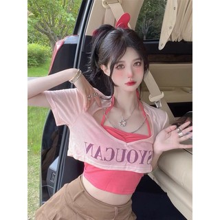 Set Áo Croptop 2 Áo Tay Ngắn Dáng Rộng In Chữ MSYOUCAN