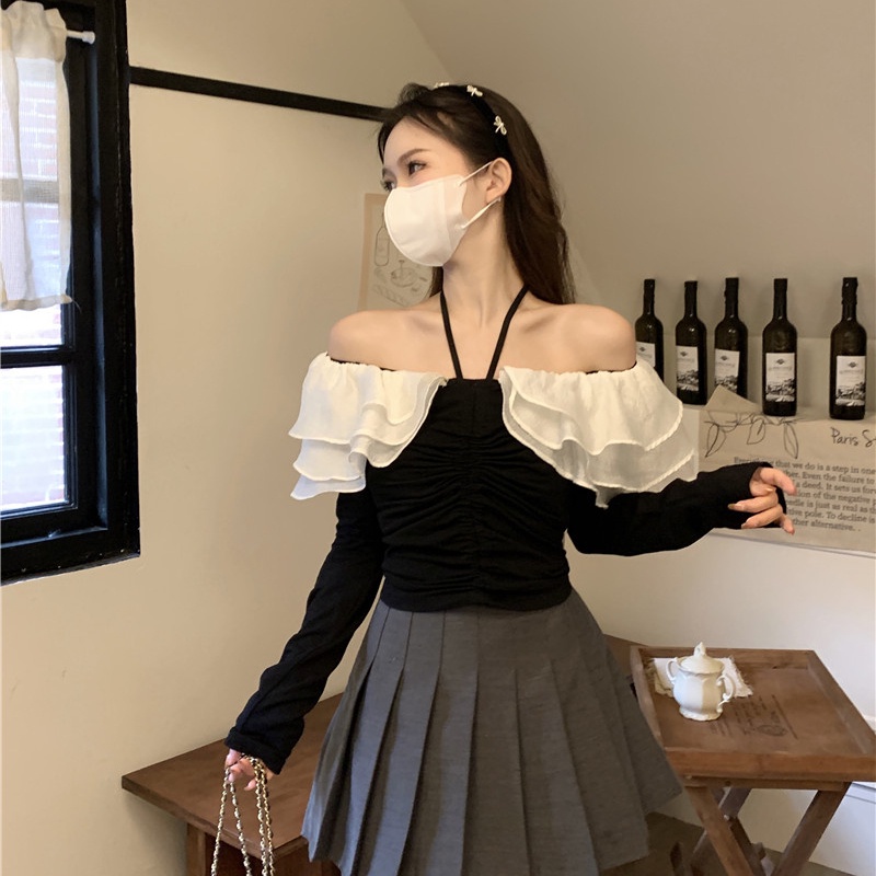 Áo sơ mi SUXI tay dài phồng trễ vai dáng ôm thời trang mùa xuân xinh xắn cho nữ