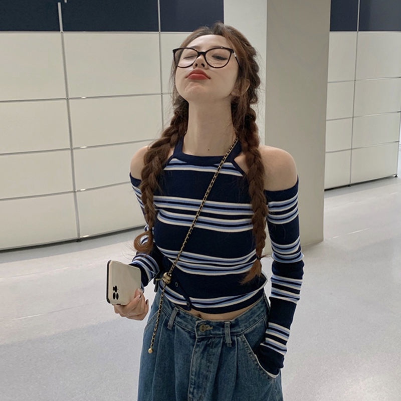 Áo Thun Trễ Vai Dáng Ngắn Họa Tiết Kẻ Sọc Thời Trang Xuân Thu 2023 Mới Cho Nữ