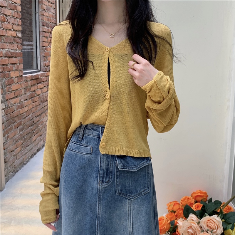 NUZIRO Áo khoác cardigan  dệt kim mỏng tay dài cổ chữ V màu đơn giản phong cách Hàn Quốc