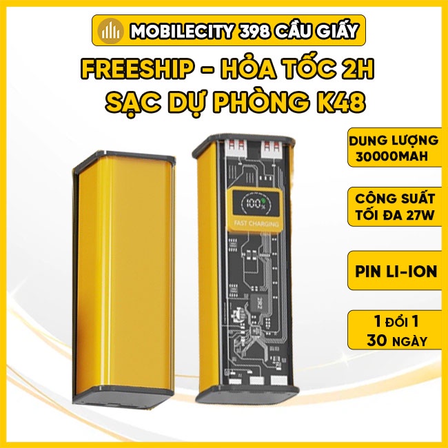 Sạc Dự Phòng K48 Dung Lượng pin 30.000mAh | Công Suất Tổng 72W | Sạc PD 22,5W - MobileCity 398 Cầu Giấy