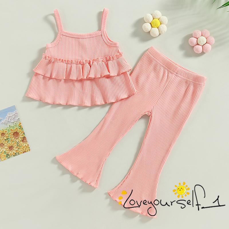 Bộ Áo Hai Dây Nhiều Lớp Phối Bèo + Quần Ống Loe Màu Trơn Thời Trang Mùa Hè Cho Bé Gái B930G