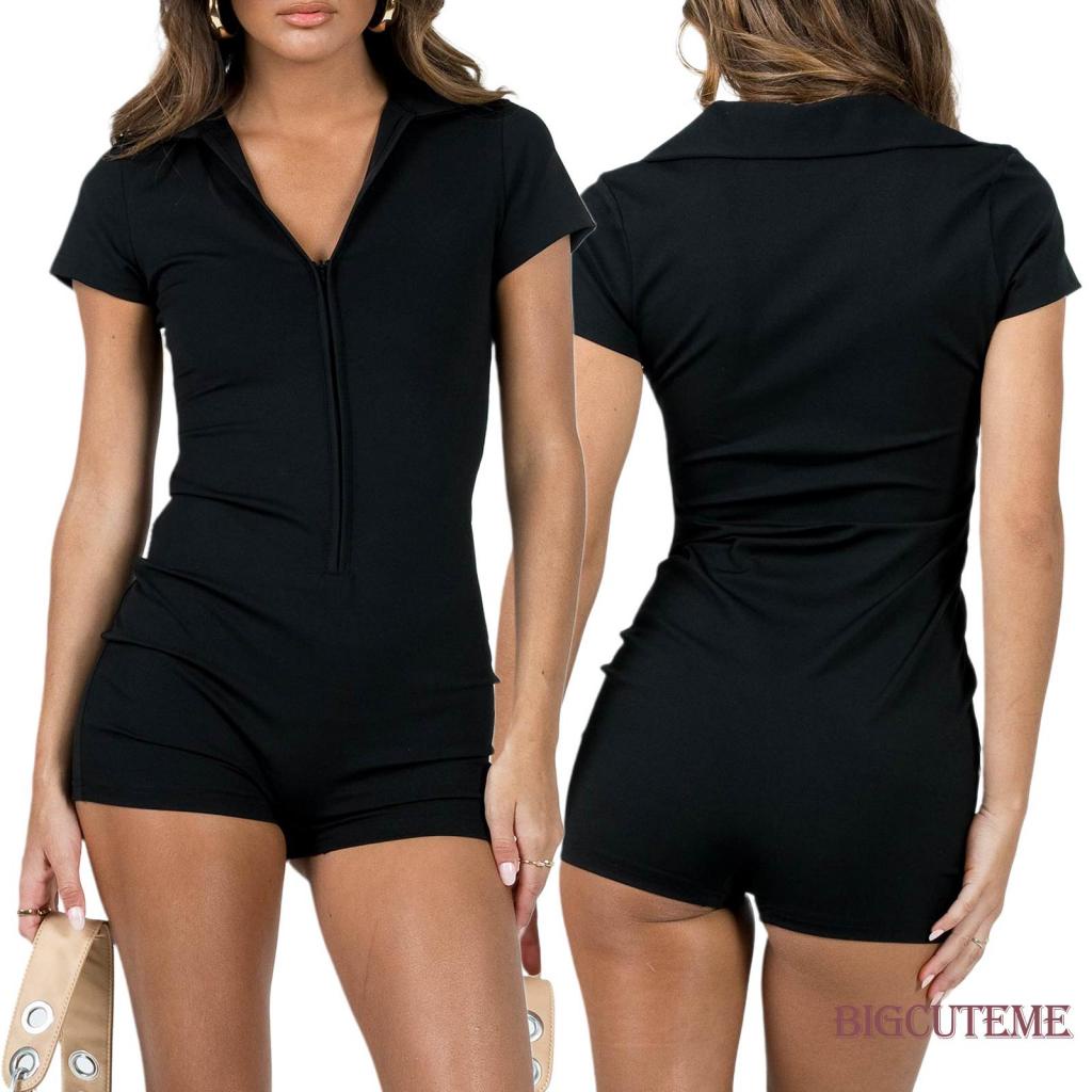 Bộ Áo Liền Quần Ngắn Tay Cổ Chữ V Màu Trơn Có Khóa Kéo Trước Thời Trang Cho Nữ