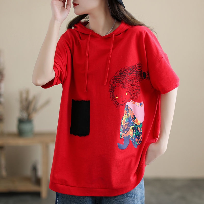 Áo Thun 100% Cotton Có Mũ Trùm Đầu Tay Ngắn Dáng Rộng Phong Cách Hàn Quốc Thời Trang Mùa Hè Hàng Mới