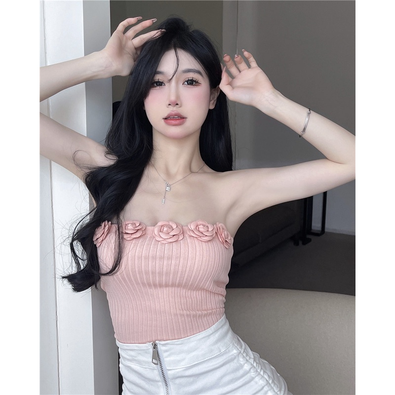 Áo croptop dệt kim không dây ôm dáng họa tiết hoa nhỏ ba chiều dành cho nữ