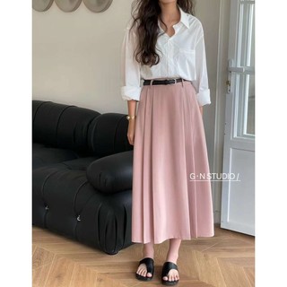 Chân váy vải gn 4 dọc ly nhỏ dáng a dài kèm đai da