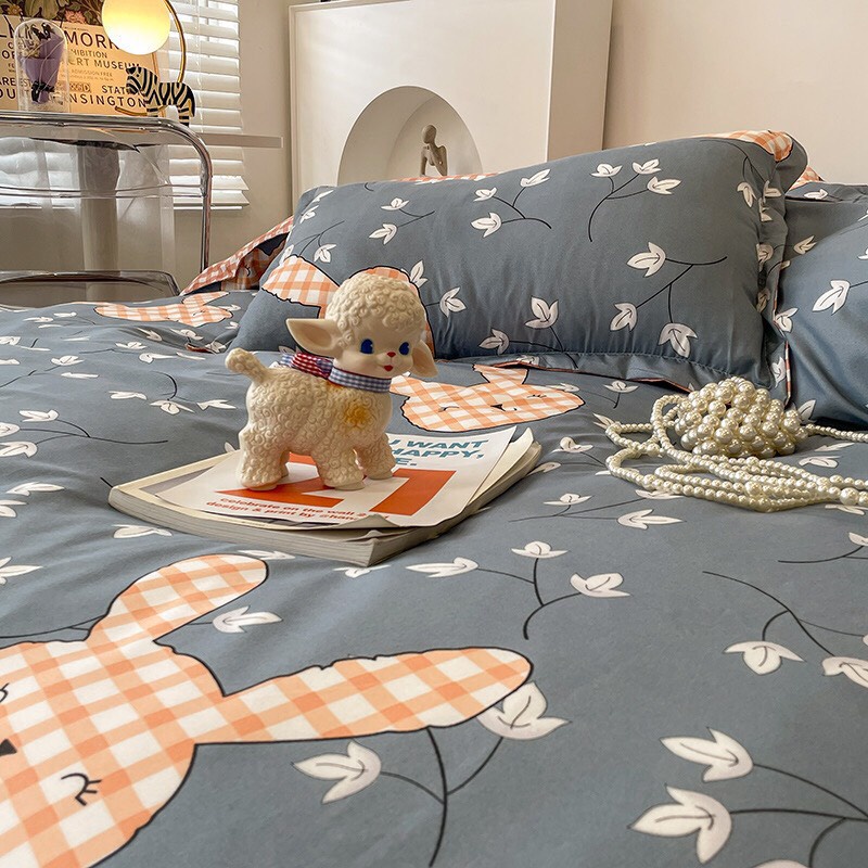 Bộ chăn ga gối cotton poly - Mẫu thỏ tai xanh