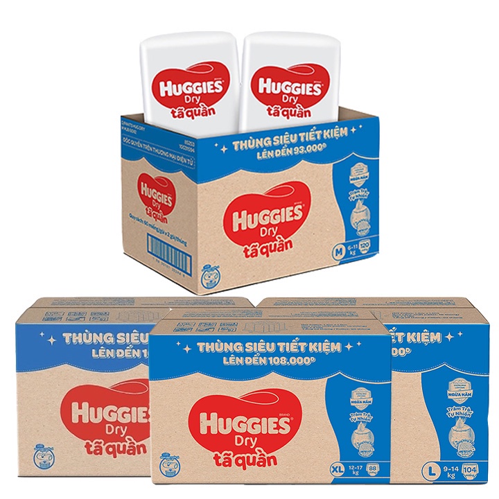 Tã quần Huggies Dry Tràm Trà Tự Nhiên MEGA JUMBO M120/ L104 / XL88/ XXL80 (thùng siêu tiết kiệm)