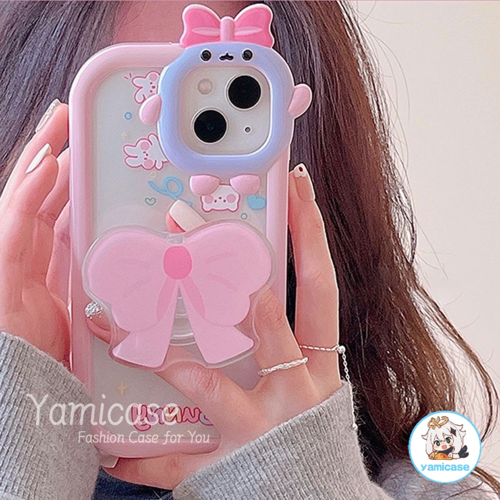 Cho Iphone 11/11 Pro Max Ốp Điện Thoại Màu Hồng TPU Mềm Họa Tiết Quái Vật Dễ Thương Gắn Kèm Giá Đỡ Và Nơ Dành Cho IPhone 12/12 Pro Max/13/13 Pro/13 Pro Max /14/14 Pro/14 Plus/14 Pro Max