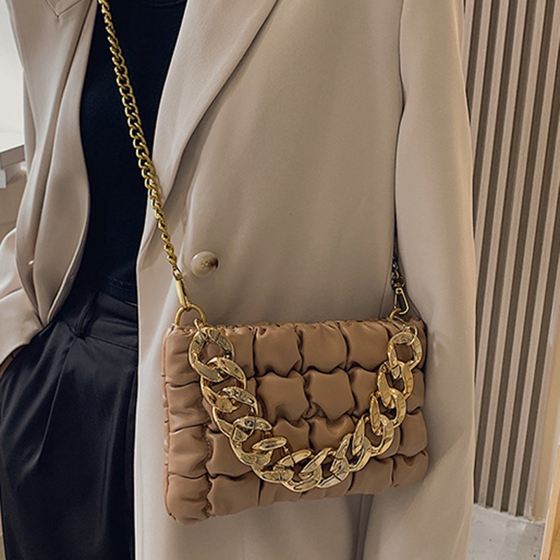 Ielgy Túi Xách Đeo Vai Bề Mặt Dày Mềm Mại Họa Tiết Kẻ Sọc Có Dây Xích