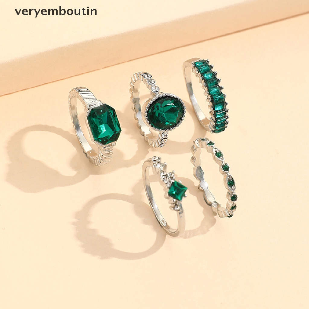 Set 5 Nhẫn Đính Đá Pha Lê Xanh Phong Cách Vintage Thời Trang Cho Nữ