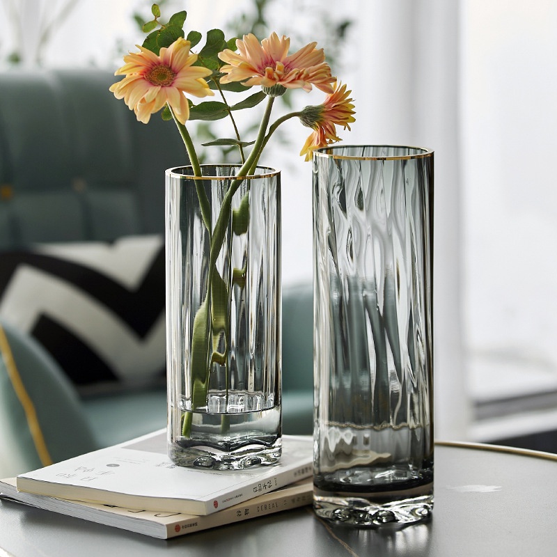 Bình hoa thủy tinh trụ viền vàng decor phòng ngủ và trang trí phòng khách cao cấp