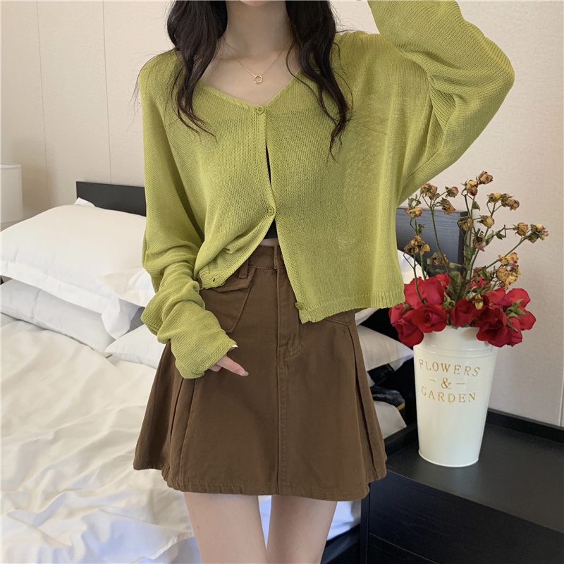 NUZIRO Áo khoác cardigan  dệt kim mỏng tay dài cổ chữ V màu đơn giản phong cách Hàn Quốc