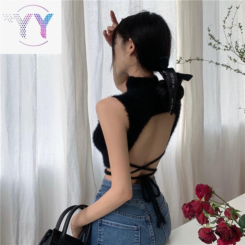 ▣Yếm dệt kim cổ cao hở lưng ngắn hot girl thiết kế cảm giác thích hợp quai đáy áo trong