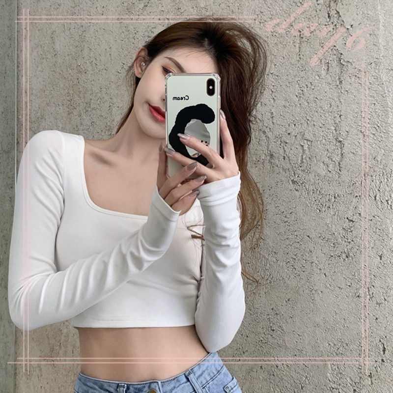 Áo Thun Nữ Dài Tay Cổ Vuông Hở Lưng Màu Sắc Thời Trang