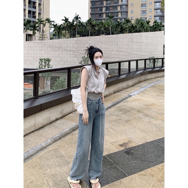Quần jean ống suông thắt dây