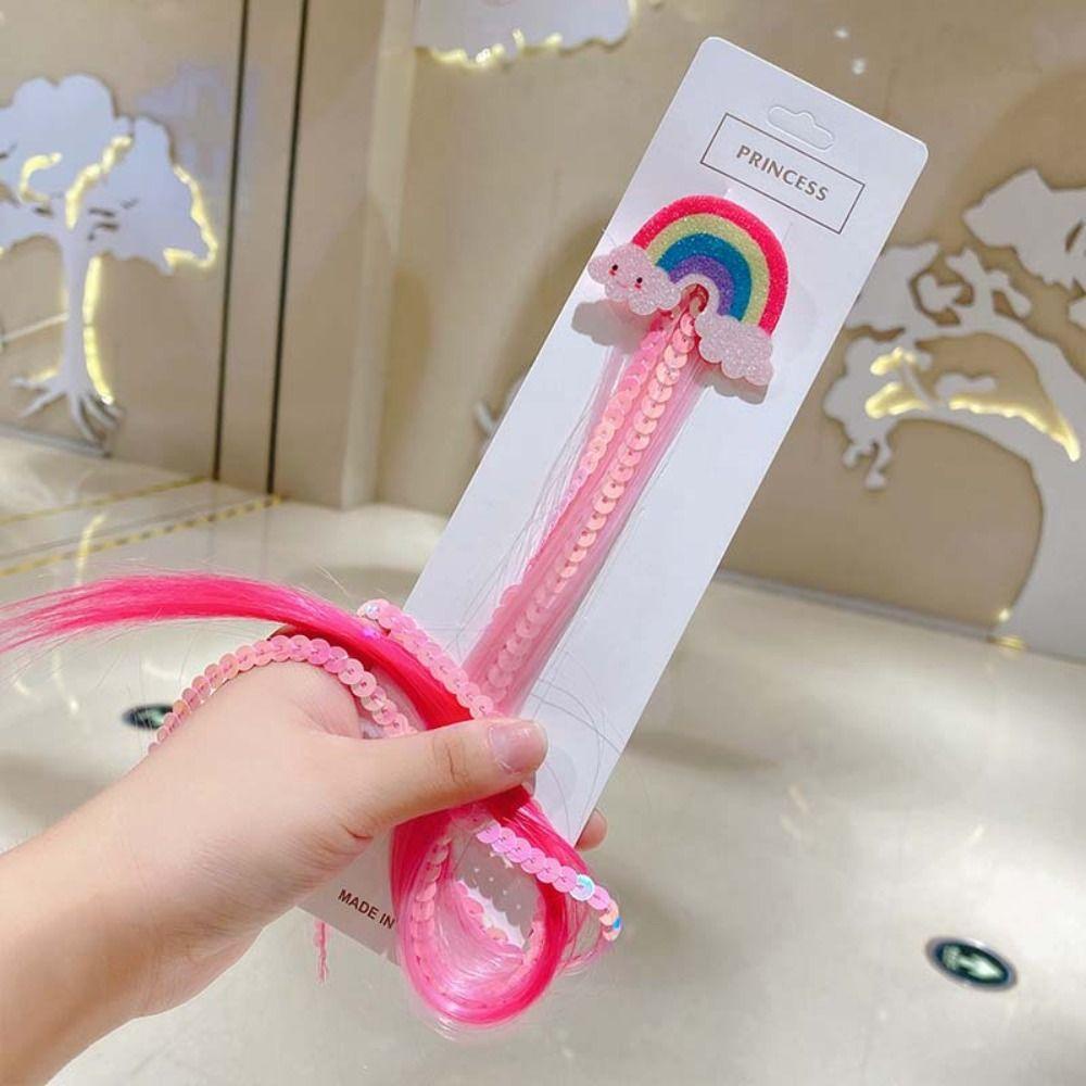 Tóc Giả Dài Thẳng Tự Nhiên Màu Cầu Vồng Đính Sequin Lấp Lánh Dễ Thương Cho Bé Gái