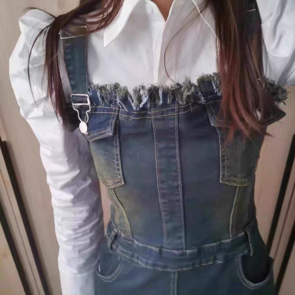 Sét áo sơ mi dài tay kết hợp váy yêm jean chữ A dáng dài hàng order Taobao cao cấp nhà Oanhdilys