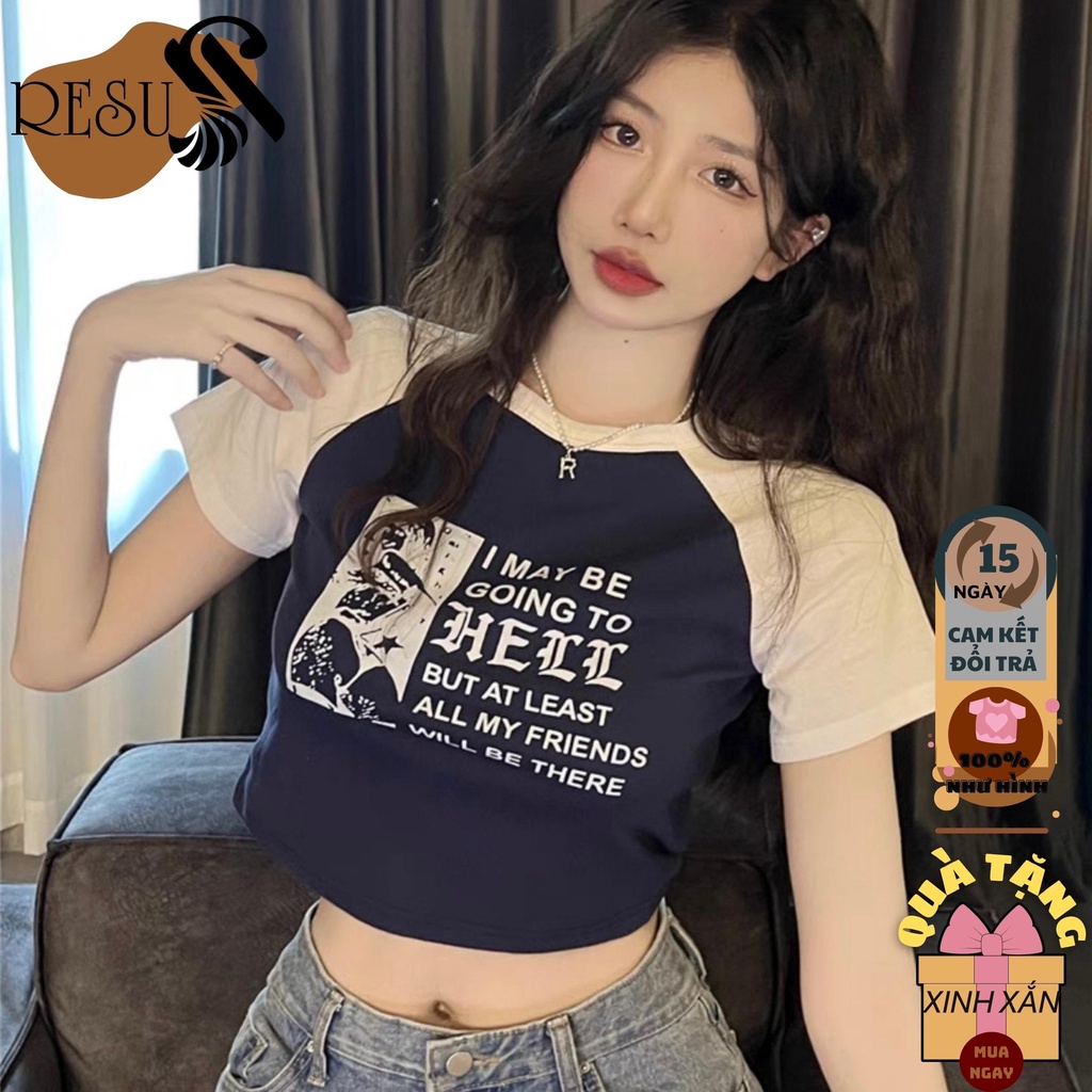 Áo Croptop Phối Tay Ôm Body Nữ iN Chữ HELL Cổ Tròn Tay Ngắn, Áo Thun Croptop Kiểu Sexy In Họa Tiết | BigBuy360 - bigbuy360.vn