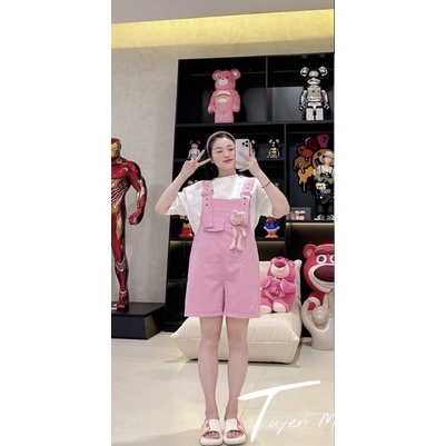 [ 𝐅𝐑𝐄𝐄 𝐒𝐇𝐈𝐏 ] Sét yếm gấu  Áo cotton. In 2 bên tay áo  Yếm chất kaki 2 da QC, có đai bấm oze điều chỉnh tuỳ ý