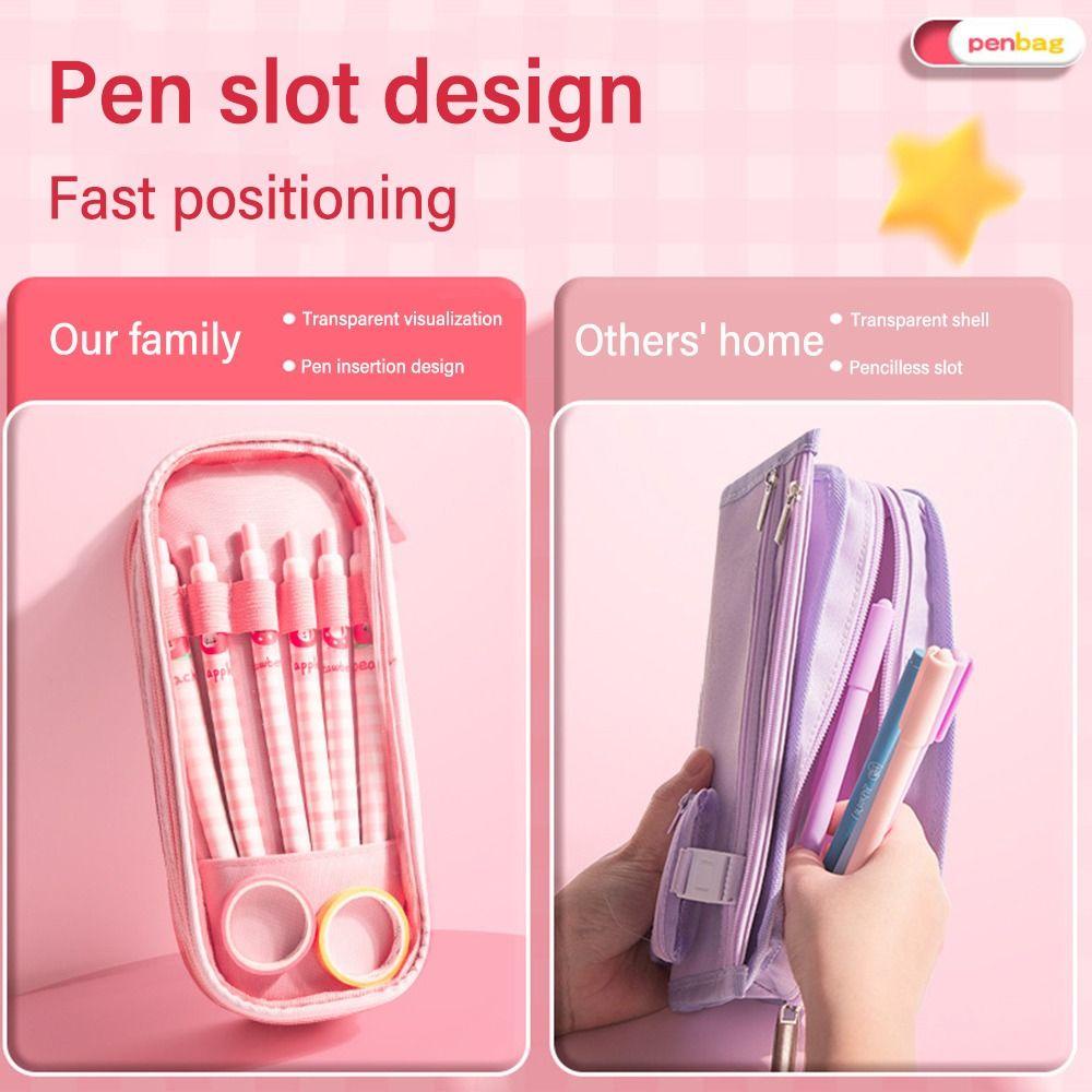 LEISURE Túi Đựng Bút Chì / Mỹ Phẩm Ba Ngăn Trong Suốt Họa Tiết Hoạt Hình Có Khóa Kéo Thời Trang