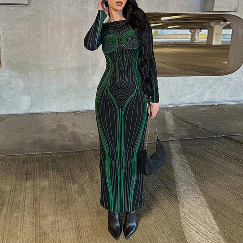 Xiangbao Đầm Dài Ôm Dáng Tay Dài Cổ Tròn In Họa Tiết Sọc Xanh Lá Tương Phản Harajuku Cho Nữ