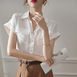 Plus áo sơ mi chiffon tay ngắn kiểu vintage thời trang công sở cho nữ