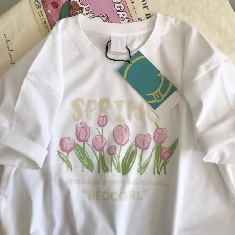 Áo thun COZOKC ngắn tay dáng rộng in hình hoa tulip thời trang
