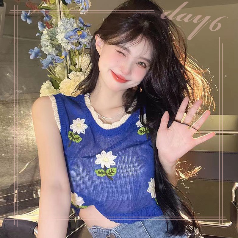 Áo Tank Top Dệt Kim Sát Nách In Hoa Kiểu Hàn Quốc Xinh Xắn Cho Bạn Gái